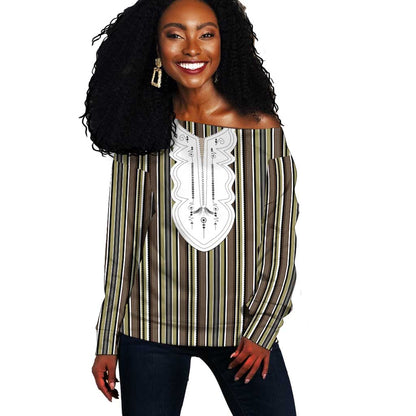 Liberia Kpelle Ethnic Heritage Pattern - Brown Off Shoulder Sweater - African Pride