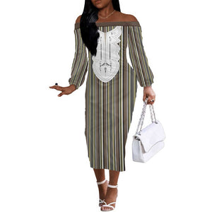 Liberia Kpelle Ethnic Heritage Pattern - Brown Off The Shoulder Long Sleeve Dress - African Pride