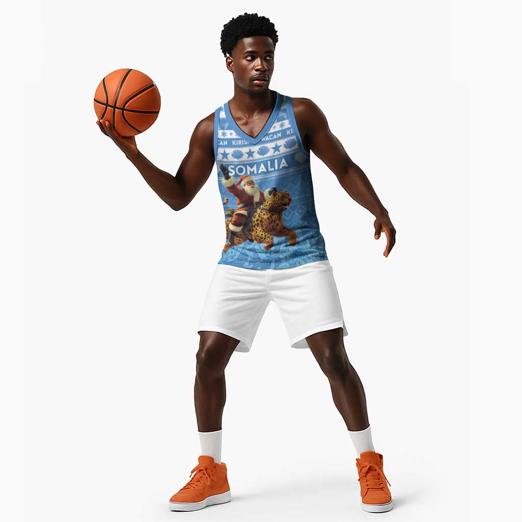 Personalized Afro Somalia Christmas Basketball Jersey Black Santa Riding Leopard - African Pattern - African Pride
