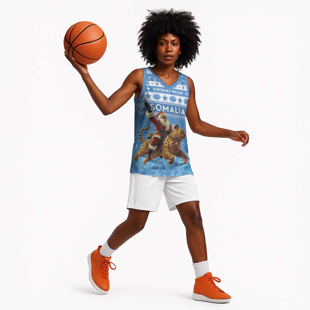 Personalized Afro Somalia Christmas Basketball Jersey Black Santa Riding Leopard - African Pattern - African Pride