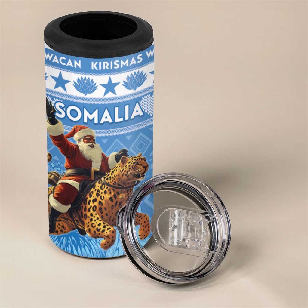 Personalized Afro Somalia Christmas 4 in 1 Can Cooler Tumbler Black Santa Riding Leopard - African Pattern