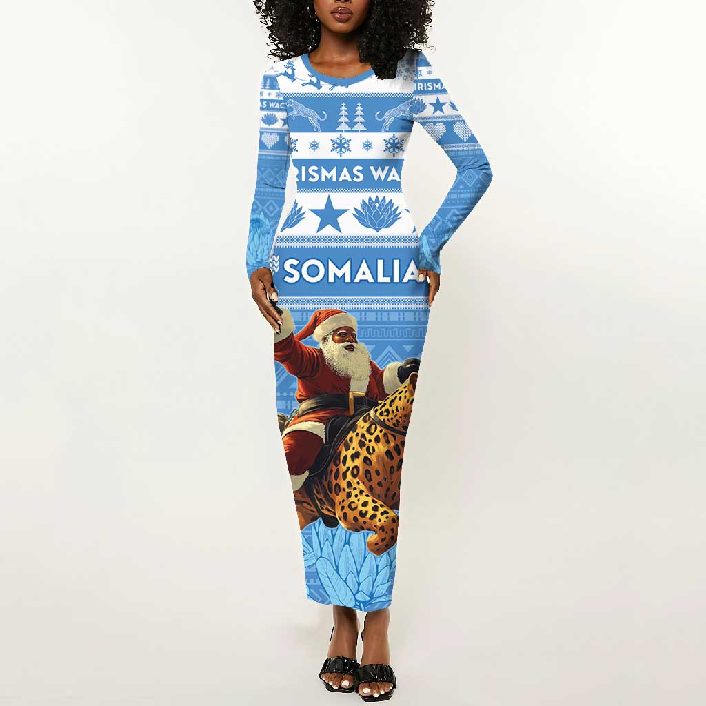 Personalized Afro Somalia Christmas Long Sleeve Bodycon Dress Black Santa Riding Leopard - African Pattern LT15