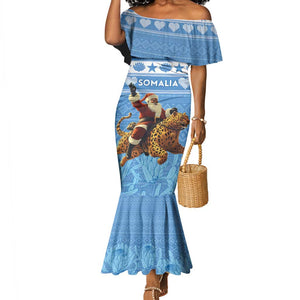 Personalized Afro Somalia Christmas Mermaid Dress Black Santa Riding Leopard - African Pattern
