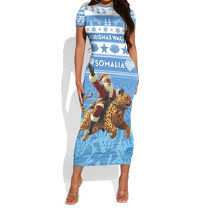 Personalized Afro Somalia Christmas Short Sleeve Bodycon Dress Black Santa Riding Leopard - African Pattern LT15