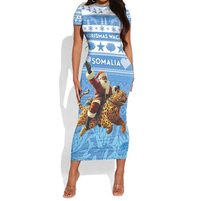Personalized Afro Somalia Christmas Short Sleeve Bodycon Dress Black Santa Riding Leopard - African Pattern LT15