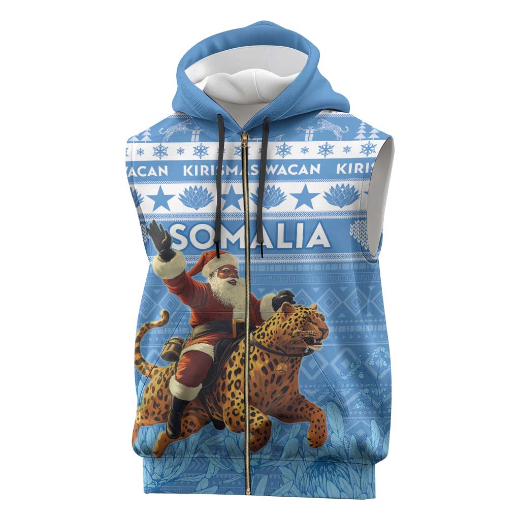 Personalized Afro Somalia Christmas Sleeveless Zip Hoodie Black Santa Riding Leopard - African Pattern - African Pride