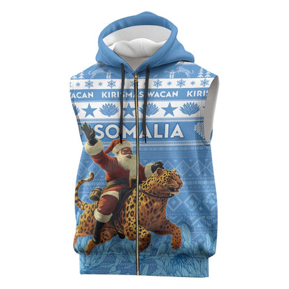 Personalized Afro Somalia Christmas Sleeveless Zip Hoodie Black Santa Riding Leopard - African Pattern - African Pride