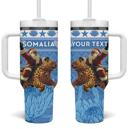 Personalized Afro Somalia Christmas Tumbler With Handle Black Santa Riding Leopard - African Pattern