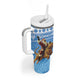 Personalized Afro Somalia Christmas Tumbler With Handle Black Santa Riding Leopard - African Pattern