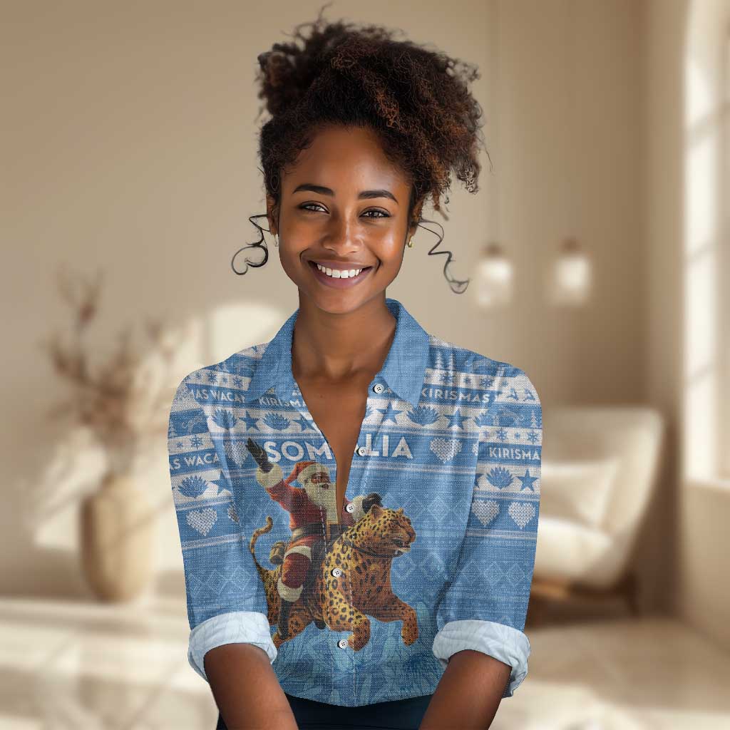 Personalized Afro Somalia Christmas Women Casual Shirt Black Santa Riding Leopard - African Pattern LT15