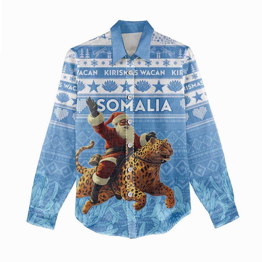 Personalized Afro Somalia Christmas Women Casual Shirt Black Santa Riding Leopard - African Pattern LT15