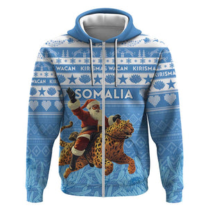 Personalized Afro Somalia Christmas Zip Hoodie Black Santa Riding Leopard - African Pattern
