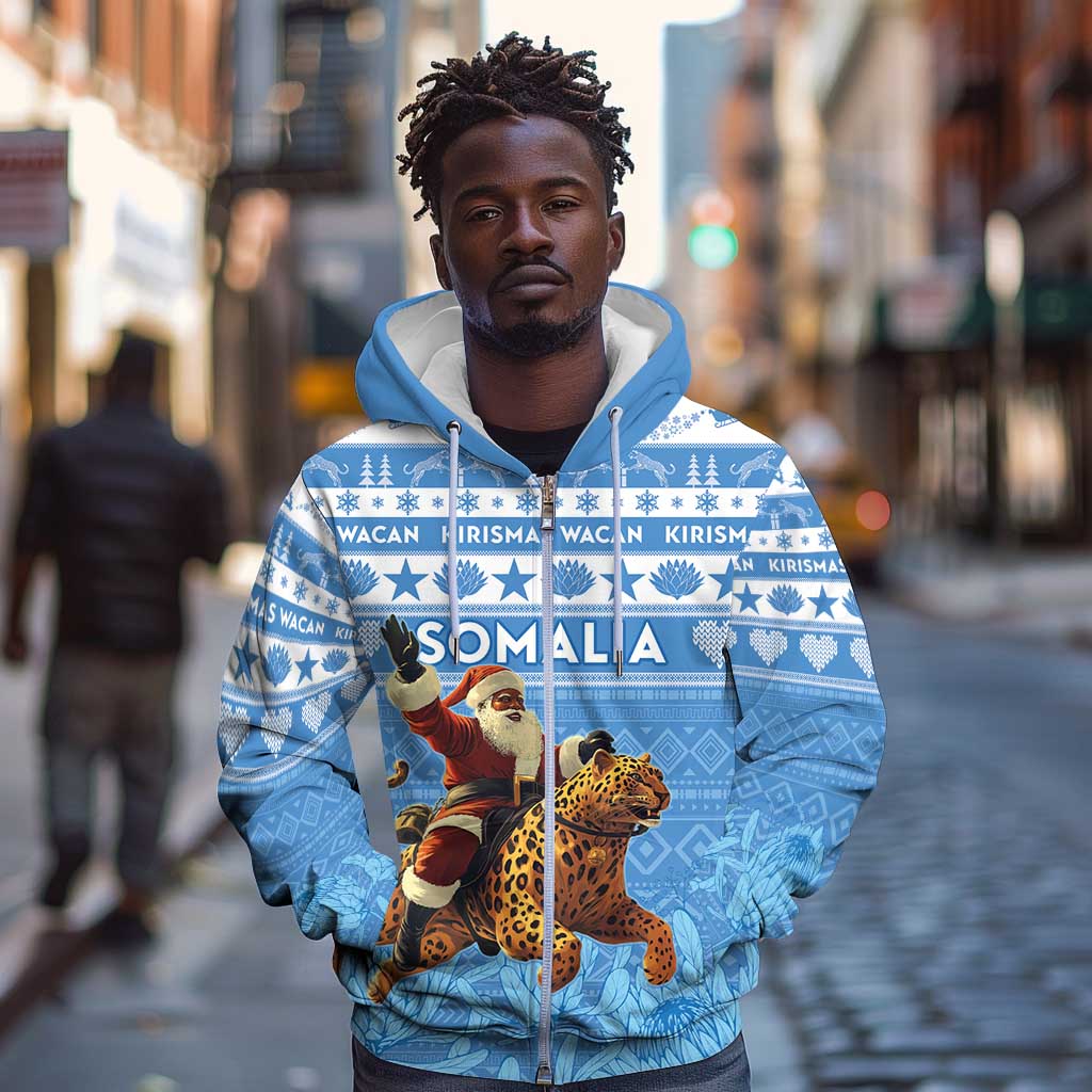 Personalized Afro Somalia Christmas Zip Hoodie Black Santa Riding Leopard - African Pattern