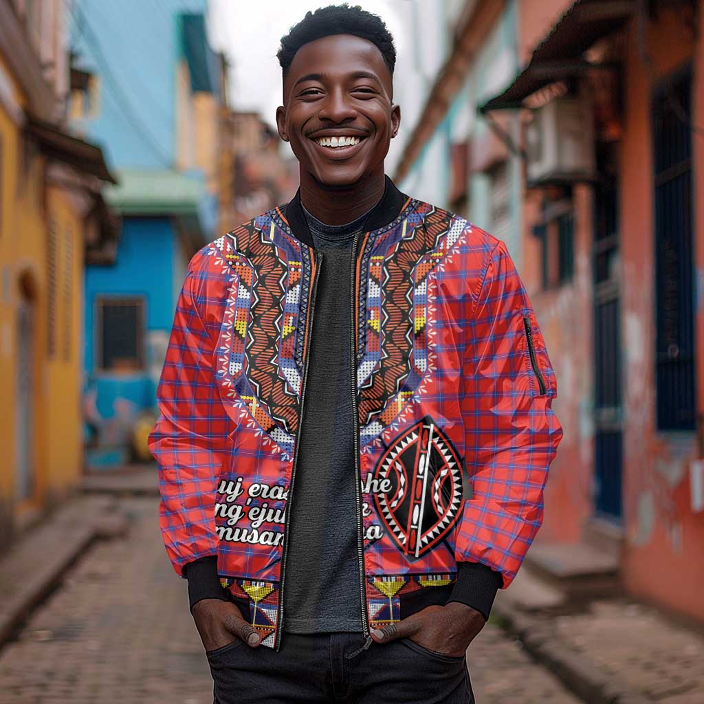 Afro Kenya Maasai Shuka Personalized Sleeve Zip Bomber Jacket Maasai Shield Mix Dashiki