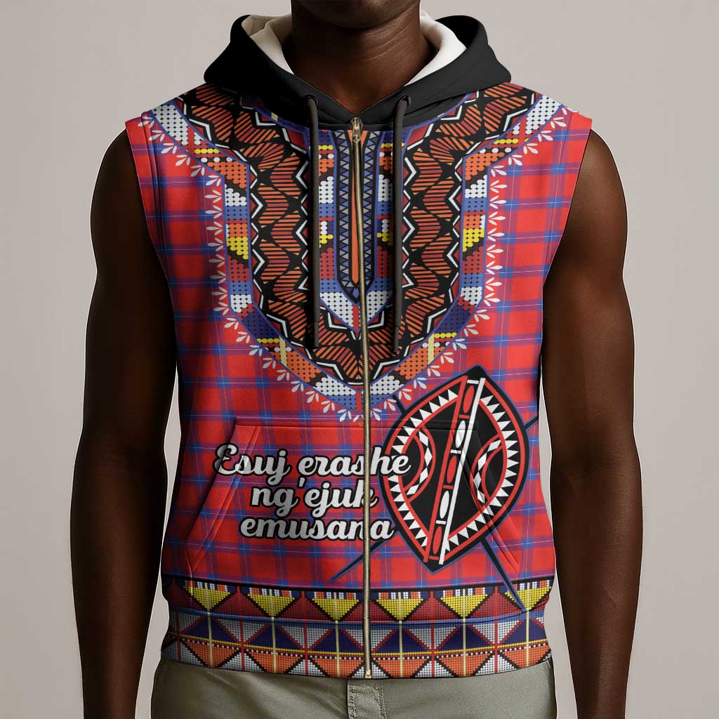 Afro Kenya Maasai Shuka Personalized Sleeveless Zip Hoodie Maasai Shield Mix Dashiki - African Pride