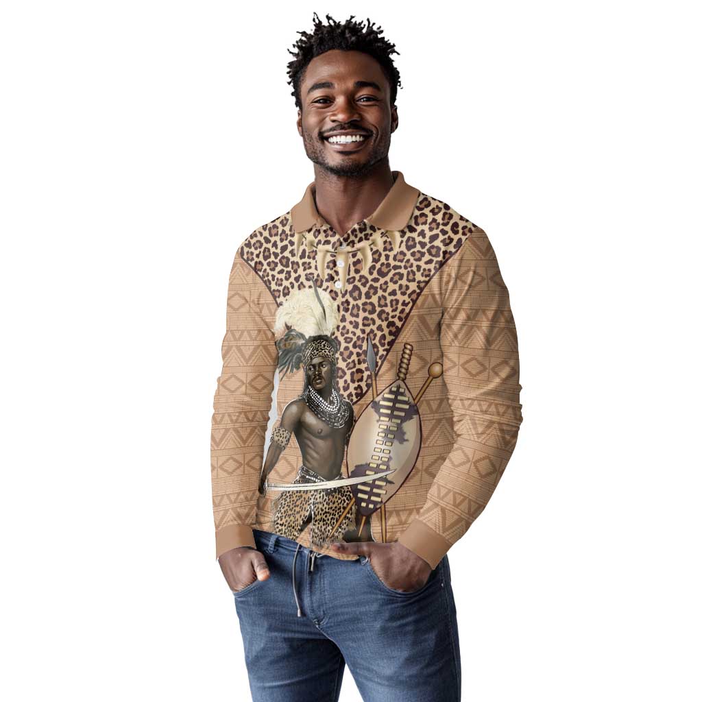 South Africa Zulu People Long Sleeve Polo Shirt Zulu Warrior - African Pattern