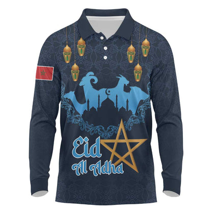 Happy Eid Al-Adha Long Sleeve Polo Shirt Morocco Mubarak