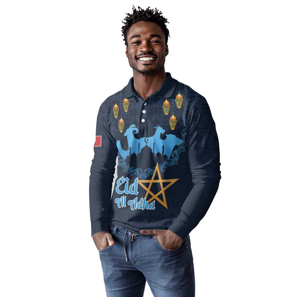 Happy Eid Al-Adha Long Sleeve Polo Shirt Morocco Mubarak