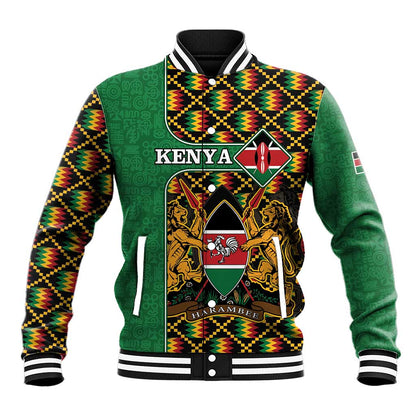 Kenya Baseball Jacket - Kente Pattern, Coat Of Arms Design LT15