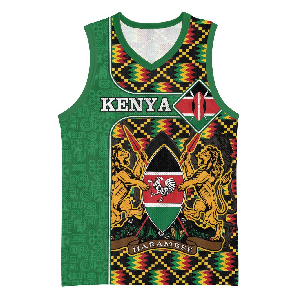 Kenya Basketball Jersey - Kente Pattern, Coat Of Arms Design - African Pride