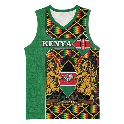Kenya Basketball Jersey - Kente Pattern, Coat Of Arms Design - African Pride