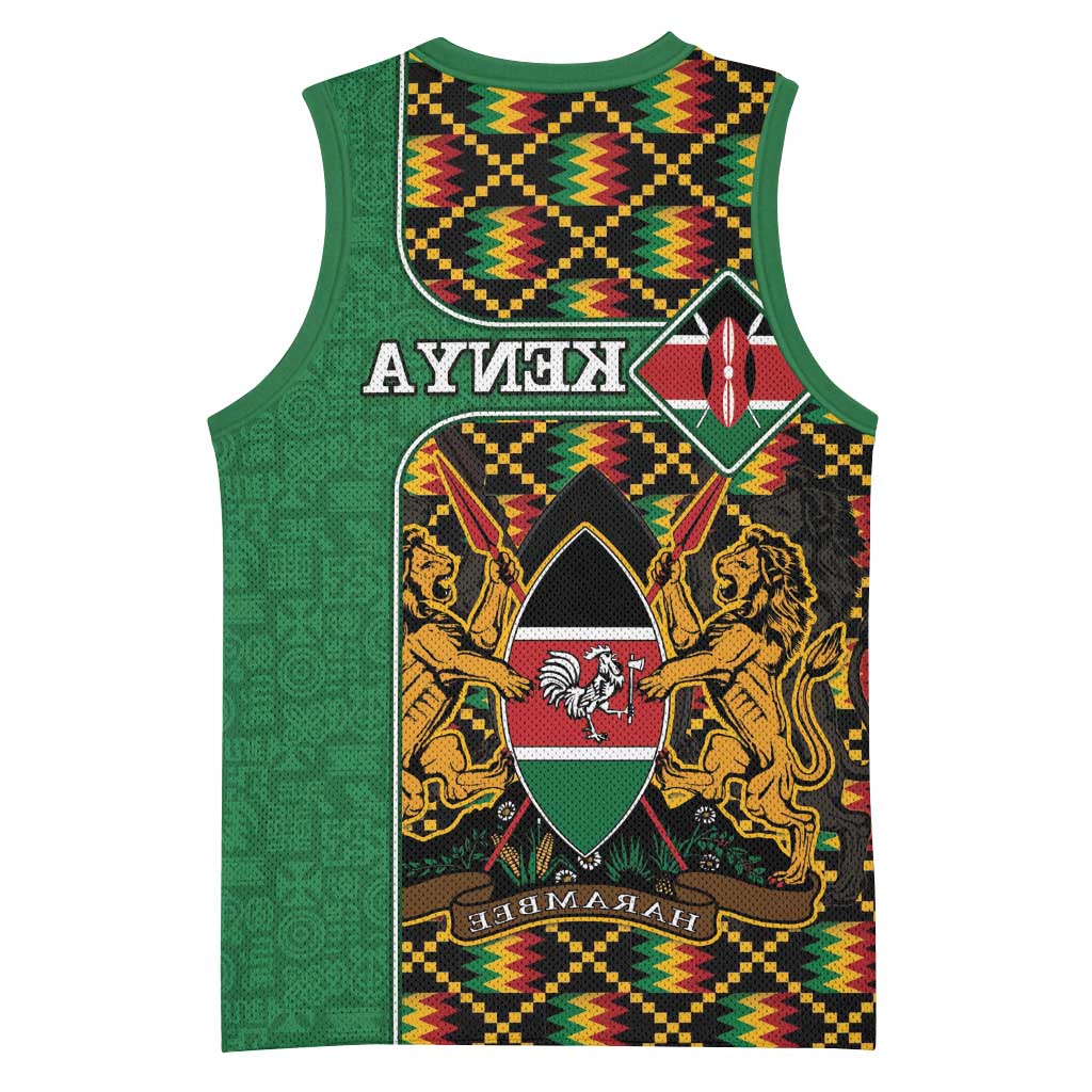 Kenya Basketball Jersey - Kente Pattern, Coat Of Arms Design - African Pride
