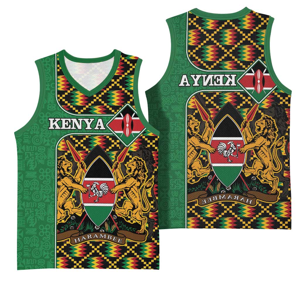 Kenya Basketball Jersey - Kente Pattern, Coat Of Arms Design - African Pride