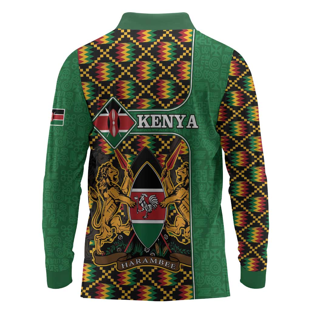 Kenya Long Sleeve Polo Shirt - Kente Pattern, Coat Of Arms Design