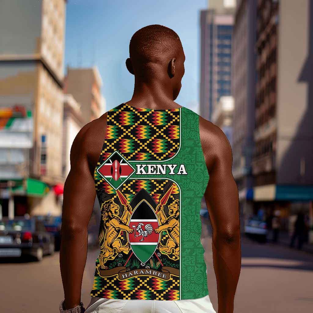 Kenya Men Tank Top - Kente Pattern, Coat Of Arms Design