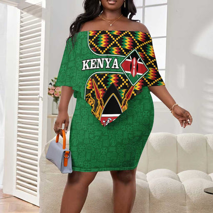 Kenya Off Shoulder Short Dress - Kente Pattern, Coat Of Arms Design