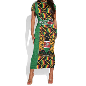 Kenya Short Sleeve Bodycon Dress - Kente Pattern, Coat Of Arms Design LT15