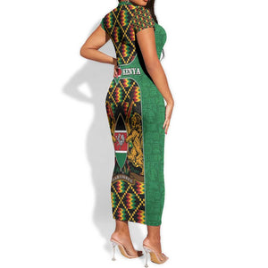 Kenya Short Sleeve Bodycon Dress - Kente Pattern, Coat Of Arms Design LT15