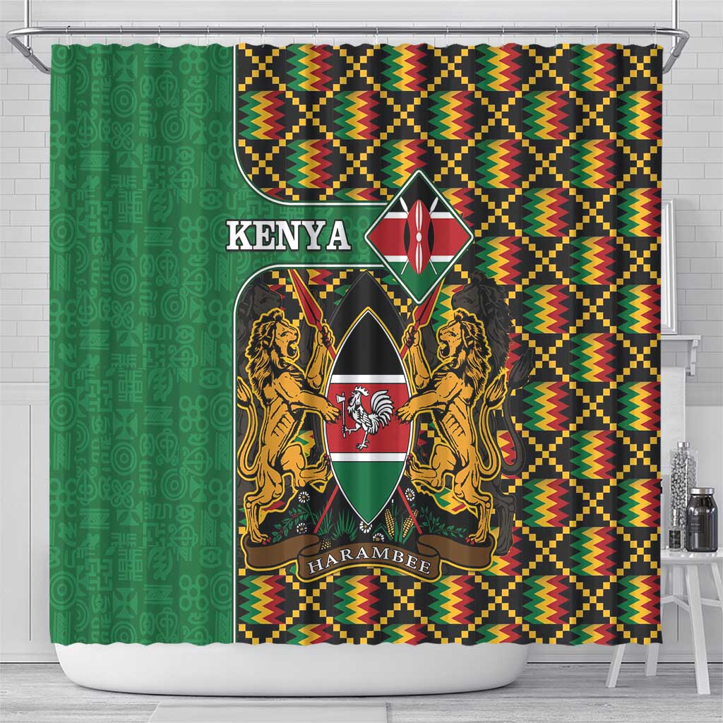 Kenya Shower Curtain - Kente Pattern, Coat Of Arms Design