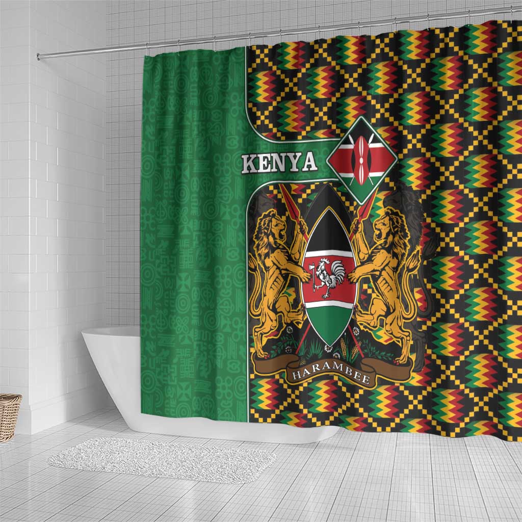 Kenya Shower Curtain - Kente Pattern, Coat Of Arms Design