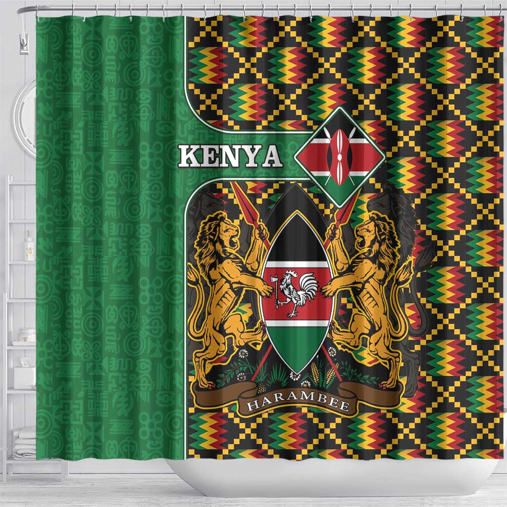 Kenya Shower Curtain - Kente Pattern, Coat Of Arms Design