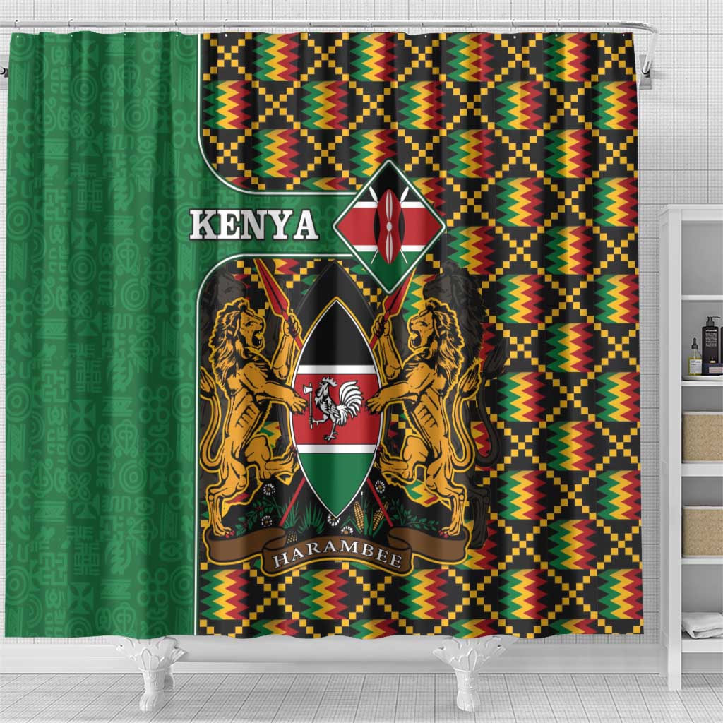 Kenya Shower Curtain - Kente Pattern, Coat Of Arms Design