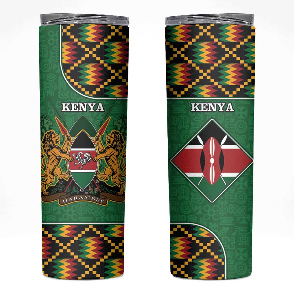 Kenya Skinny Tumbler - Kente Pattern, Coat Of Arms Design