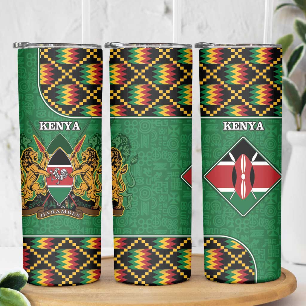 Kenya Skinny Tumbler - Kente Pattern, Coat Of Arms Design