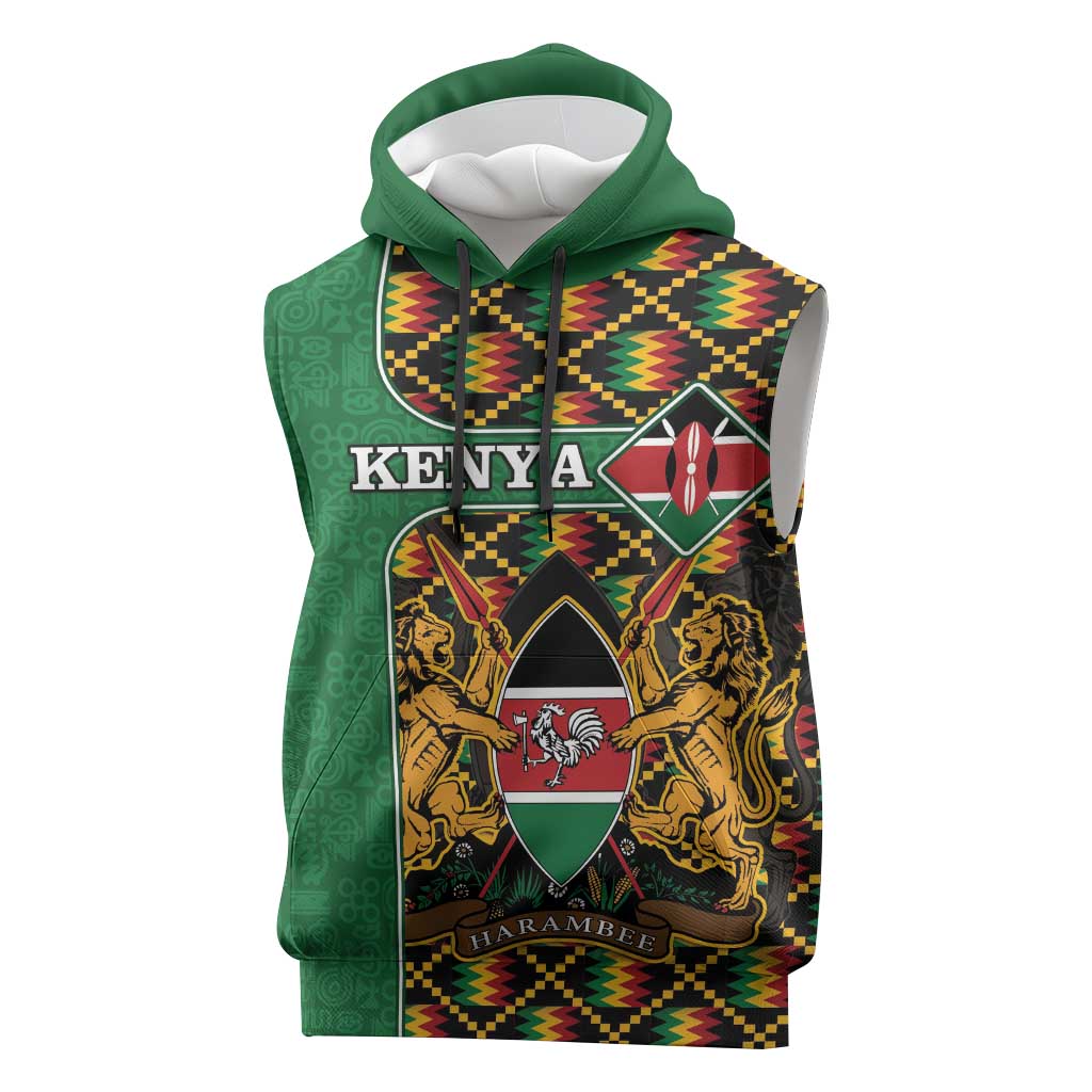 Kenya Sleeveless Hoodie - Kente Pattern, Coat Of Arms Design - African Pride