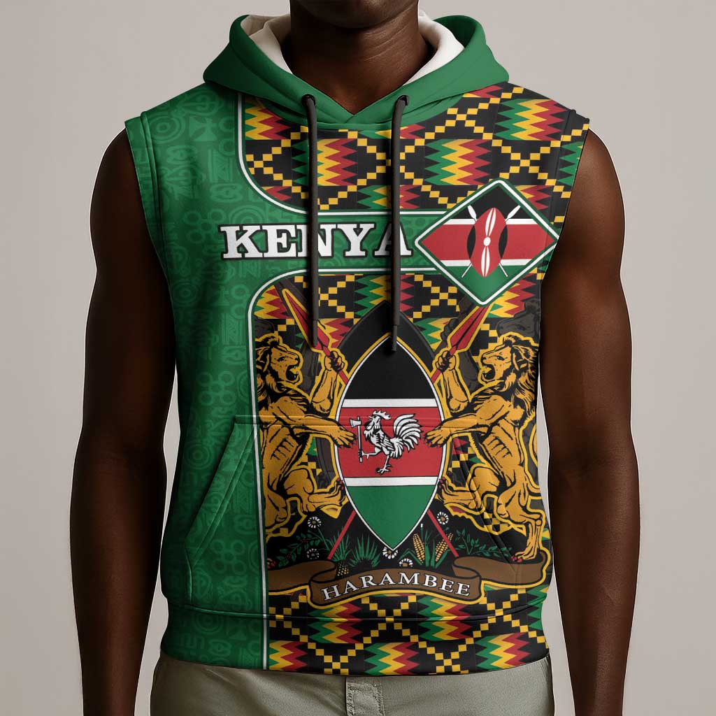 Kenya Sleeveless Hoodie - Kente Pattern, Coat Of Arms Design - African Pride