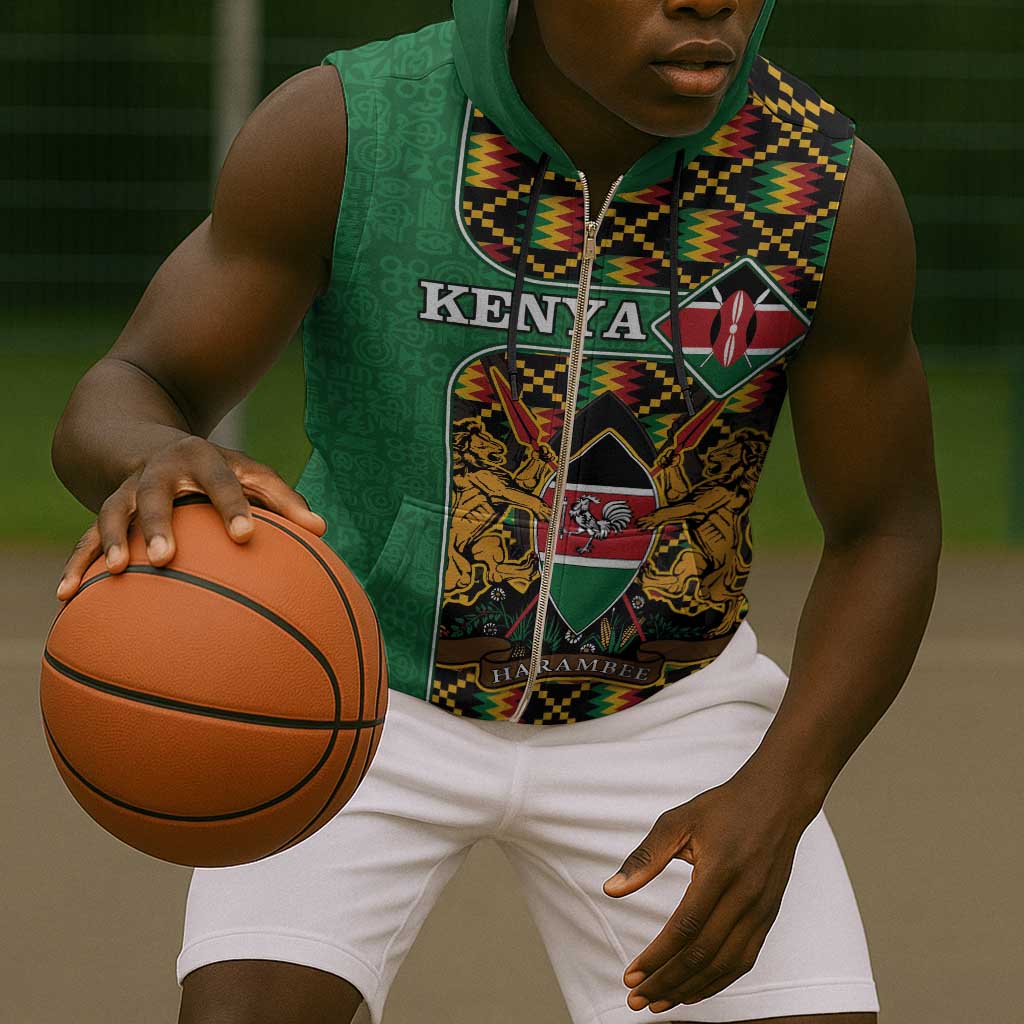 Kenya Sleeveless Zip Hoodie - Kente Pattern, Coat Of Arms Design - African Pride