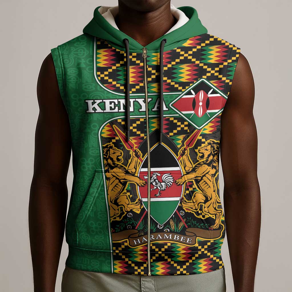 Kenya Sleeveless Zip Hoodie - Kente Pattern, Coat Of Arms Design - African Pride