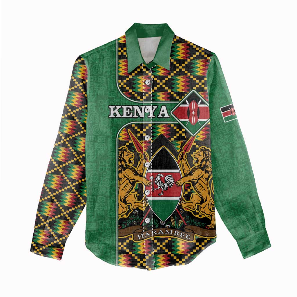 Kenya Women Casual Shirt - Kente Pattern, Coat Of Arms Design LT15
