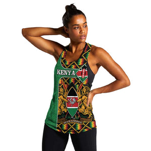 Kenya Women Racerback Tank - Kente Pattern, Coat Of Arms Design