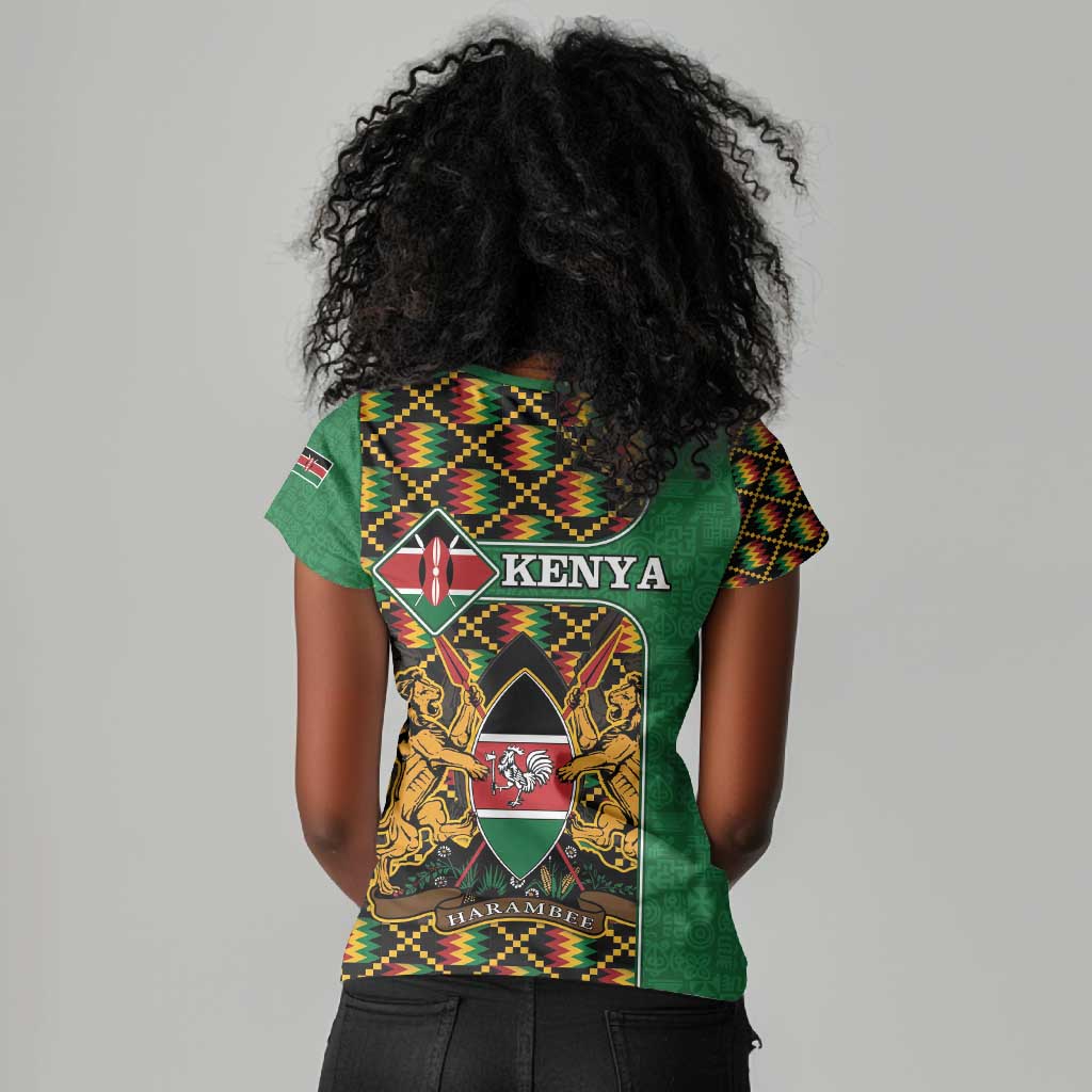 Kenya Women V-Neck T-Shirt - Kente Pattern, Coat Of Arms Design