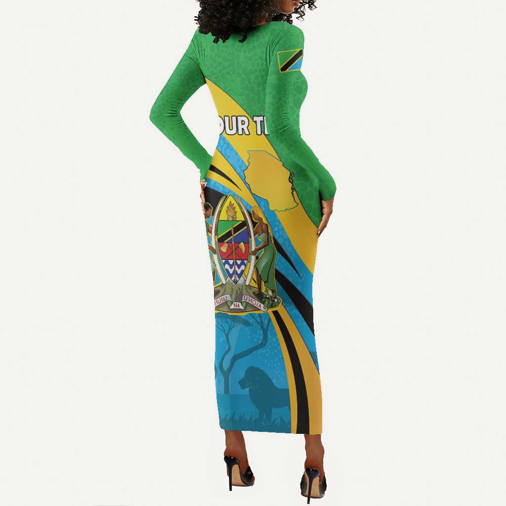 Personalized Tanzania Uhuru Day Long Sleeve Bodycon Dress Coat Of Arms - Sports Style - African Pride