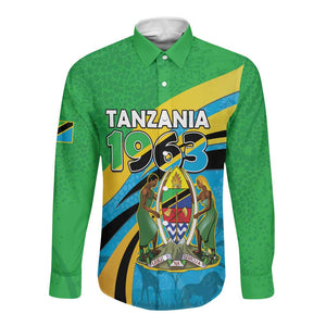 Personalized Tanzania Uhuru Day Long Sleeve Button Shirt Coat Of Arms - Sports Style - African Pride