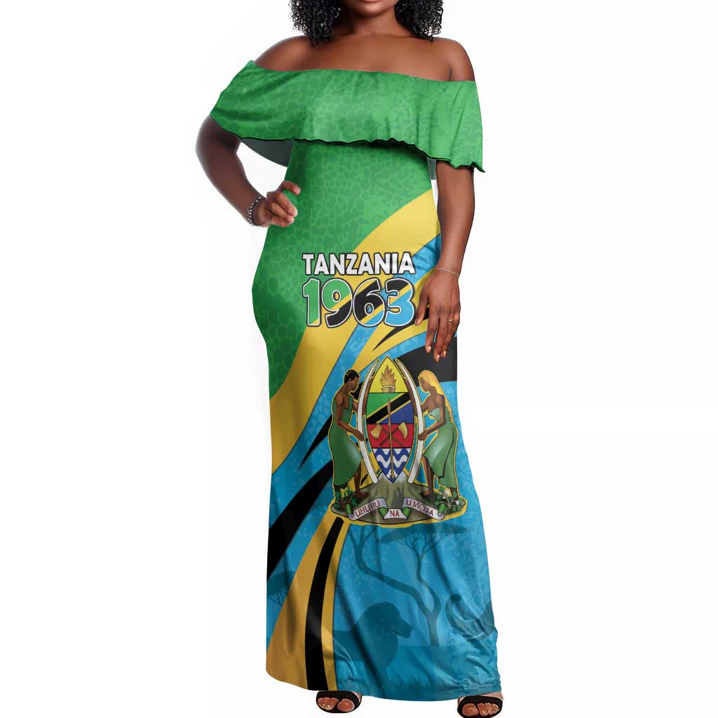 Personalized Tanzania Uhuru Day Off Shoulder Maxi Dress Coat Of Arms - Sports Style - African Pride