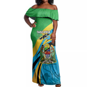 Personalized Tanzania Uhuru Day Off Shoulder Maxi Dress Coat Of Arms - Sports Style - African Pride