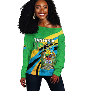 Personalized Tanzania Uhuru Day Off Shoulder Sweater Coat Of Arms - Sports Style - African Pride